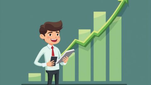 A young investor studying financial charts, with a green upward trend representing long-term financial growth.