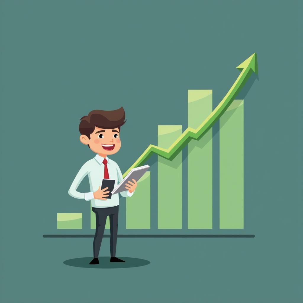 A young investor studying financial charts, with a green upward trend representing long-term financial growth.