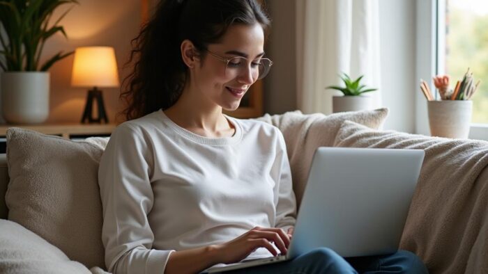 A person working from home on a laptop surrounded by casual comforts, symbolizing the side hustle economy.