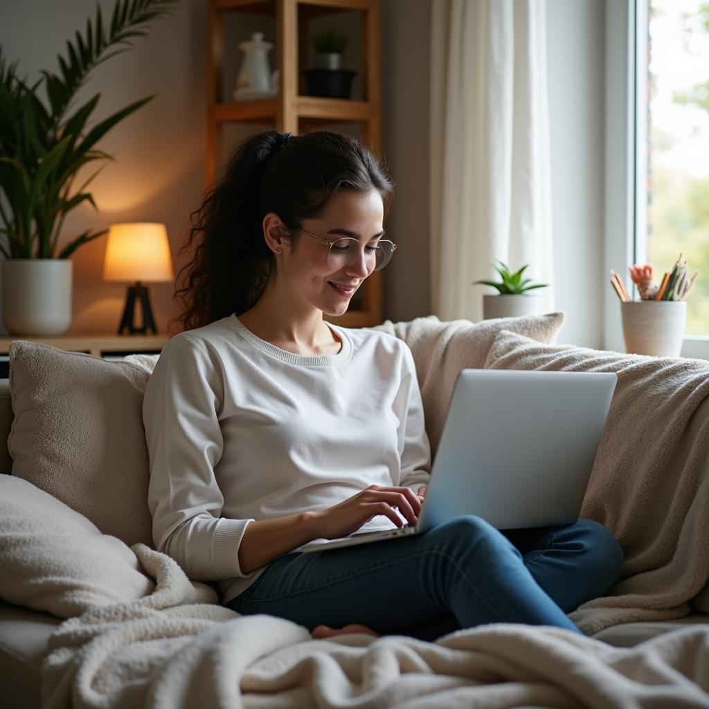 A person working from home on a laptop surrounded by casual comforts, symbolizing the side hustle economy.