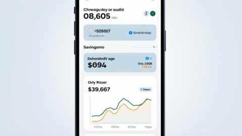 A modern budgeting app interface on a smartphone, with charts and graphs showing savings growth.