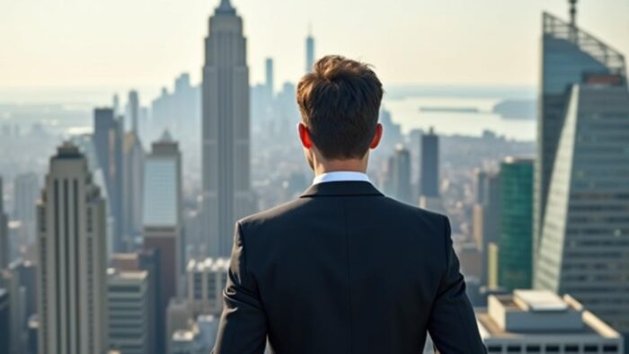 A young professional overlooking a city skyline, symbolizing ambition and financial independence.