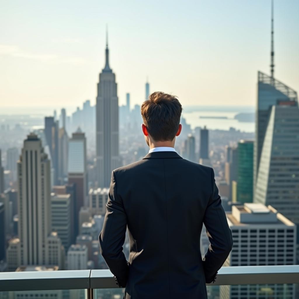 A young professional overlooking a city skyline, symbolizing ambition and financial independence. Investment Strategy