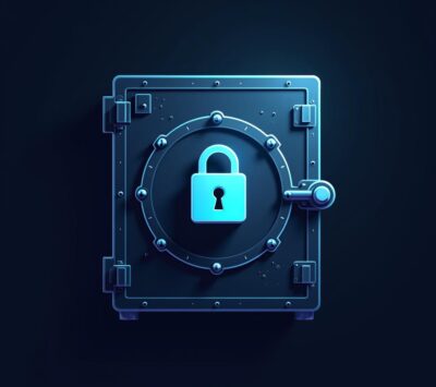 A digital vault with a secure lock, symbolizing protection in the risky world of cryptocurrency trading.