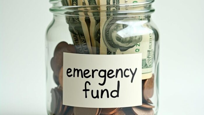 A jar filling up with cash and coins, labeled “emergency fund,” symbolizing savings for unexpected expenses.