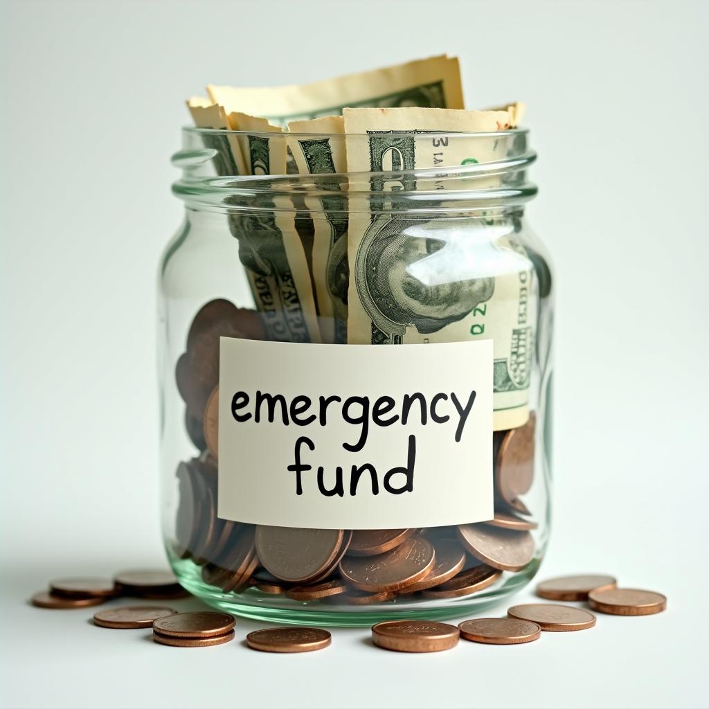 A jar filling up with cash and coins, labeled “emergency fund,” symbolizing savings for unexpected expenses.