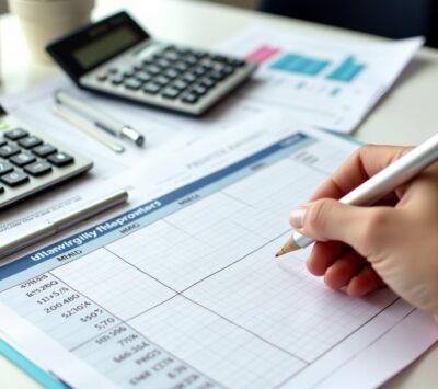 A financial planning desk with calculators, spreadsheets, and a monthly budget chart.