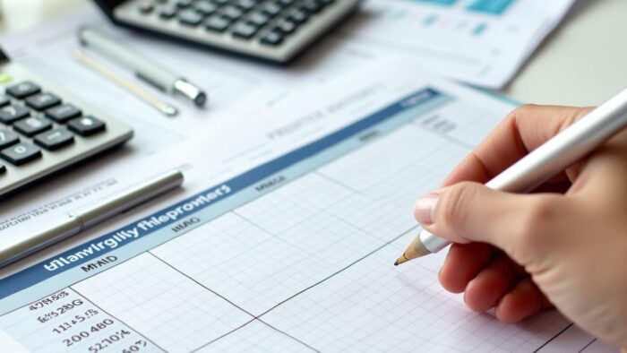 A financial planning desk with calculators, spreadsheets, and a monthly budget chart.