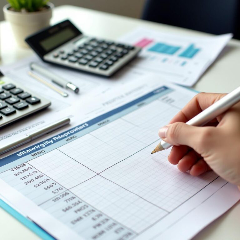 A financial planning desk with calculators, spreadsheets, and a monthly budget chart.