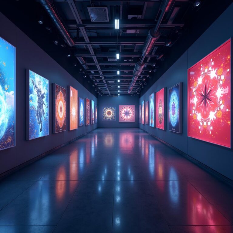 A futuristic gallery showcasing unique digital artworks, representing the world of NFTs and value appreciation.