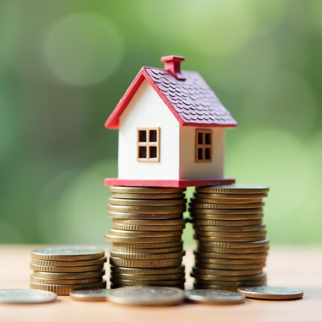 A small house model on top of a stack of coins, symbolizing real estate investment with limited funds.