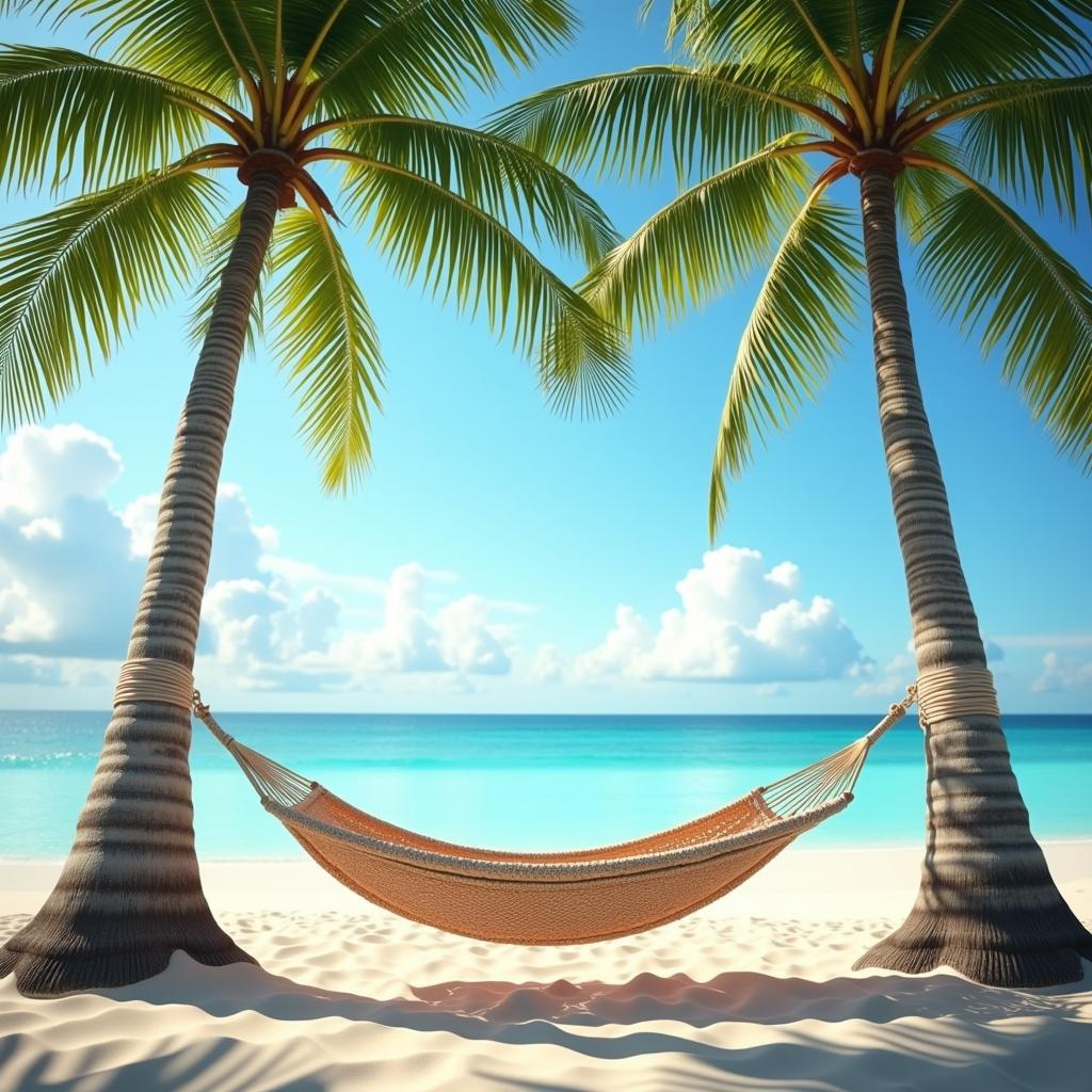 A serene beach scene with a hammock under palm trees, representing early retirement and relaxation.