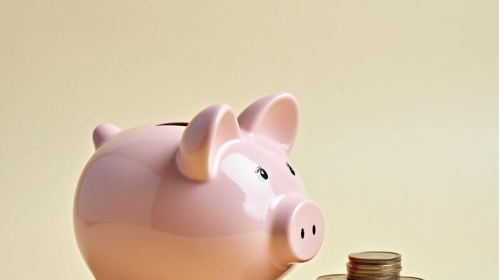 A piggy bank slowly filling up with coins, symbolizing steady growth in savings on a limited income.