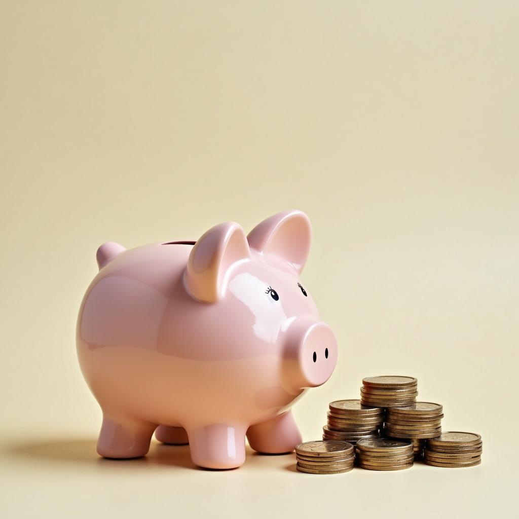 A piggy bank slowly filling up with coins, symbolizing steady growth in savings on a limited income.